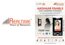 Realtime Biometrics Launches Aadhaar-Enabled face recognition & fingerprint Biometric Attendance System T502F Mini